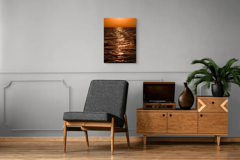 Tablou Canvas, "Orizontul liniștit la apus de soare", Apus, Ocean, Reflexii, Lumină, Aurie, Valuri, Cer, Păcii, 50 x 70 cm – poza 8