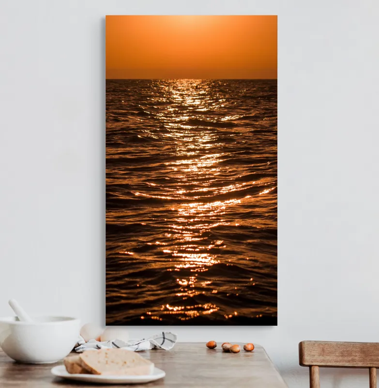 Tablou Canvas, "Orizontul liniștit la apus de soare", Apus, Ocean, Reflexii, Lumină, Aurie, Valuri, Cer, Păcii, 50 x 90 cm – poza 3