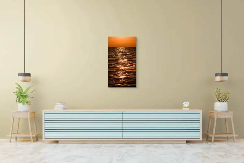 Tablou Canvas, "Orizontul liniștit la apus de soare", Apus, Ocean, Reflexii, Lumină, Aurie, Valuri, Cer, Păcii, 50 x 90 cm – poza 6