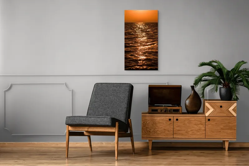 Tablou Canvas, "Orizontul liniștit la apus de soare", Apus, Ocean, Reflexii, Lumină, Aurie, Valuri, Cer, Păcii, 50 x 90 cm – poza 8