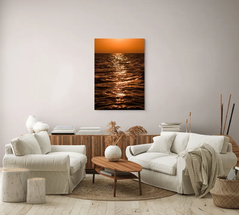 Tablou Canvas, "Orizontul liniștit la apus de soare", Apus, Ocean, Reflexii, Lumină, Aurie, Valuri, Cer, Păcii, 70 x 100 cm – poza 4
