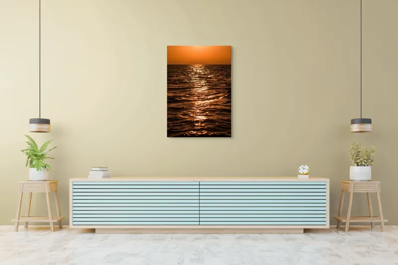 Tablou Canvas, "Orizontul liniștit la apus de soare", Apus, Ocean, Reflexii, Lumină, Aurie, Valuri, Cer, Păcii, 70 x 100 cm – poza 5