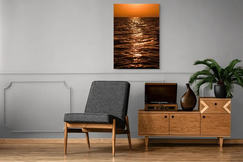 Tablou Canvas, "Orizontul liniștit la apus de soare", Apus, Ocean, Reflexii, Lumină, Aurie, Valuri, Cer, Păcii, 70 x 100 cm – poza 6