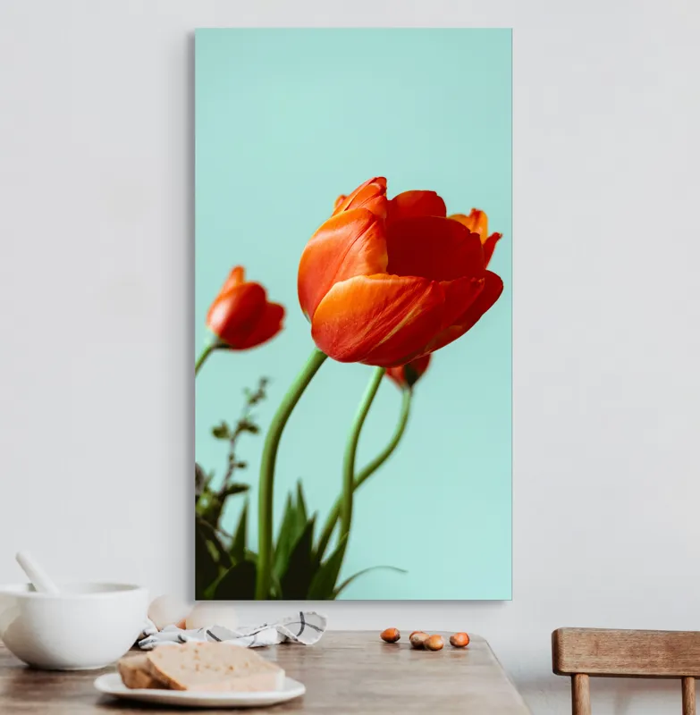 Tablou Canvas, "Lalele roșii sub cer senin", Flori, Roșu, Delicat, Primăvară, Pastel, Elegant, Natură, 50 x 90 cm – poza 3