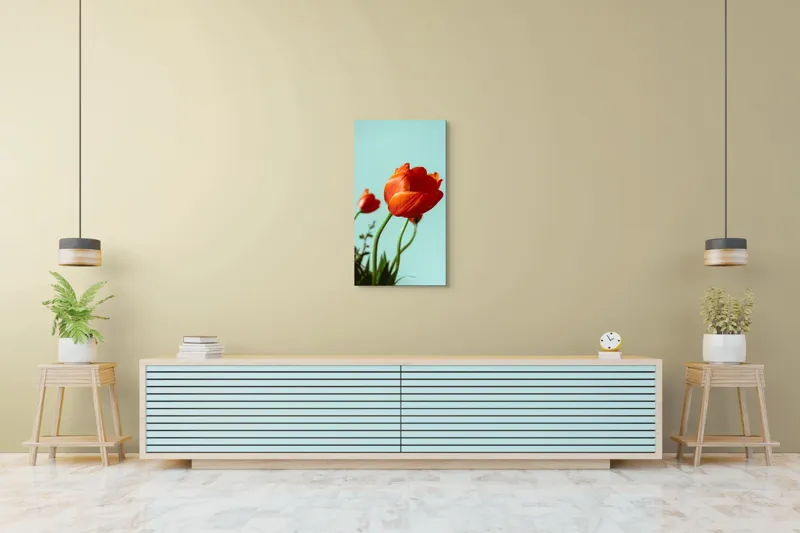 Tablou Canvas, "Lalele roșii sub cer senin", Flori, Roșu, Delicat, Primăvară, Pastel, Elegant, Natură, 50 x 90 cm – poza 6