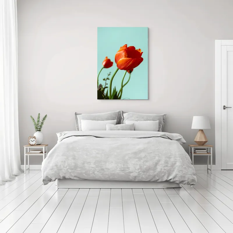 Tablou Canvas, "Lalele roșii sub cer senin", Flori, Roșu, Delicat, Primăvară, Pastel, Elegant, Natură, 70 x 100 cm – poza 3