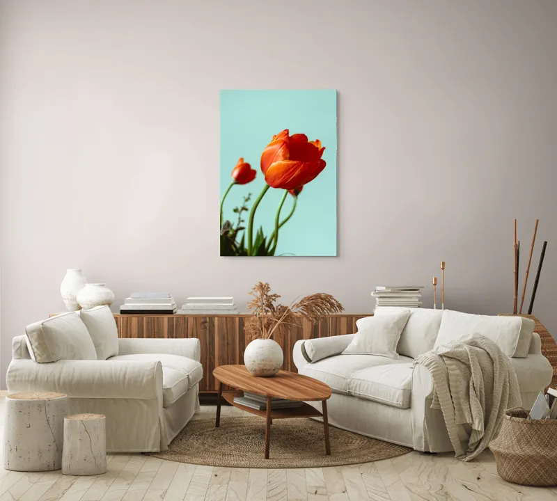 Tablou Canvas, "Lalele roșii sub cer senin", Flori, Roșu, Delicat, Primăvară, Pastel, Elegant, Natură, 70 x 100 cm – poza 4