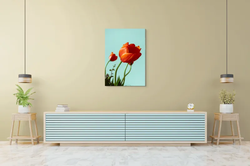 Tablou Canvas, "Lalele roșii sub cer senin", Flori, Roșu, Delicat, Primăvară, Pastel, Elegant, Natură, 70 x 100 cm – poza 5