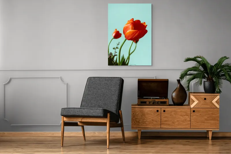 Tablou Canvas, "Lalele roșii sub cer senin", Flori, Roșu, Delicat, Primăvară, Pastel, Elegant, Natură, 70 x 100 cm – poza 6