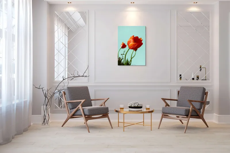 Tablou Canvas, "Lalele roșii sub cer senin", Flori, Roșu, Delicat, Primăvară, Pastel, Elegant, Natură, 70 x 100 cm – poza 8