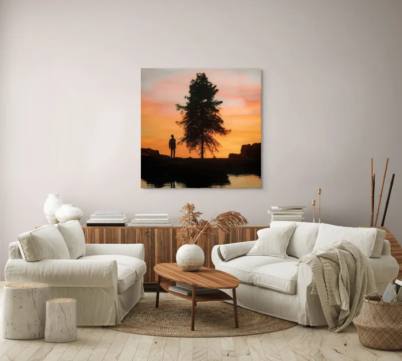 Tablou Canvas, "Singurătate sub cerul înserării", Silhouette, Tree, Sunset, Reflection, Sky, Solitude, Tranquility, 100 x 100 cm – poza 3