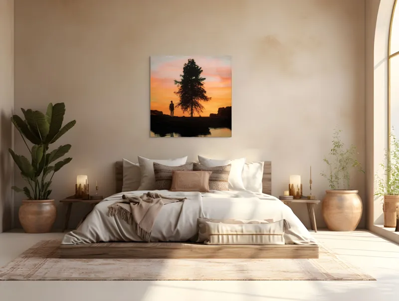 Tablou Canvas, "Singurătate sub cerul înserării", Silhouette, Tree, Sunset, Reflection, Sky, Solitude, Tranquility, 100 x 100 cm – poza 4