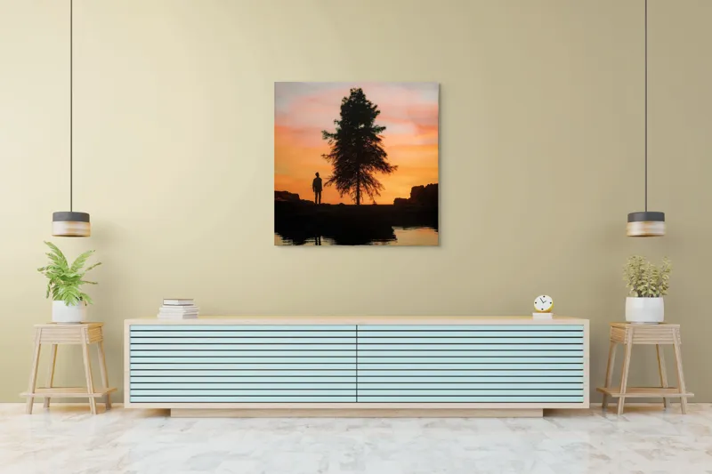 Tablou Canvas, "Singurătate sub cerul înserării", Silhouette, Tree, Sunset, Reflection, Sky, Solitude, Tranquility, 100 x 100 cm – poza 5