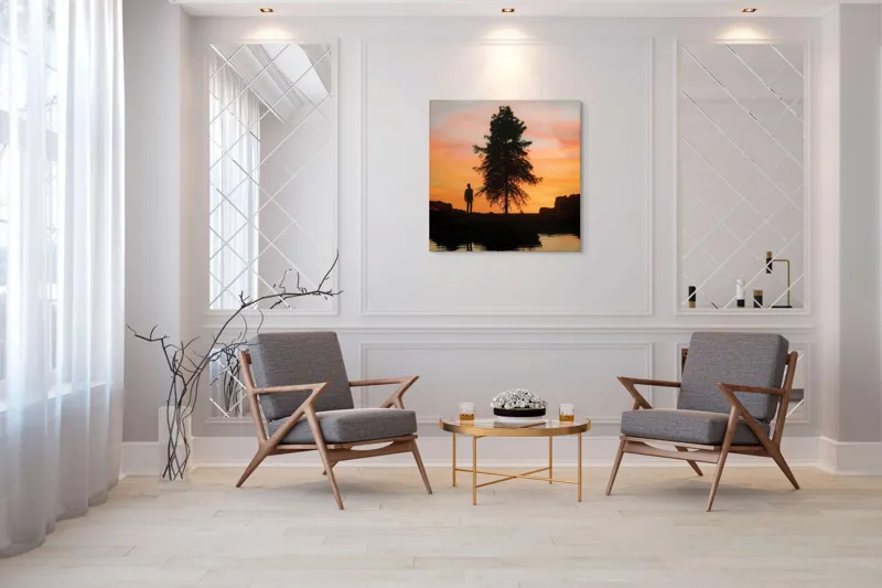 Tablou Canvas, "Singurătate sub cerul înserării", Silhouette, Tree, Sunset, Reflection, Sky, Solitude, Tranquility, 100 x 100 cm – poza 7