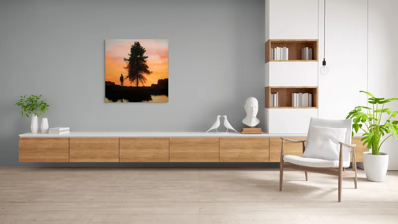 Tablou Canvas, "Singurătate sub cerul înserării", Silhouette, Tree, Sunset, Reflection, Sky, Solitude, Tranquility, 100 x 100 cm – poza 8