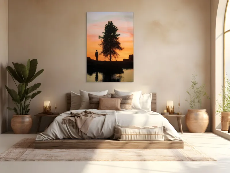 Tablou Canvas, "Singurătate sub cerul înserării", Silhouette, Tree, Sunset, Reflection, Sky, Solitude, Tranquility, 100 x 150 cm – poza 3