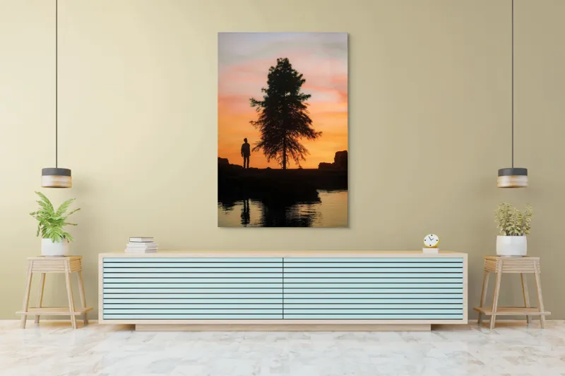 Tablou Canvas, "Singurătate sub cerul înserării", Silhouette, Tree, Sunset, Reflection, Sky, Solitude, Tranquility, 100 x 150 cm – poza 4