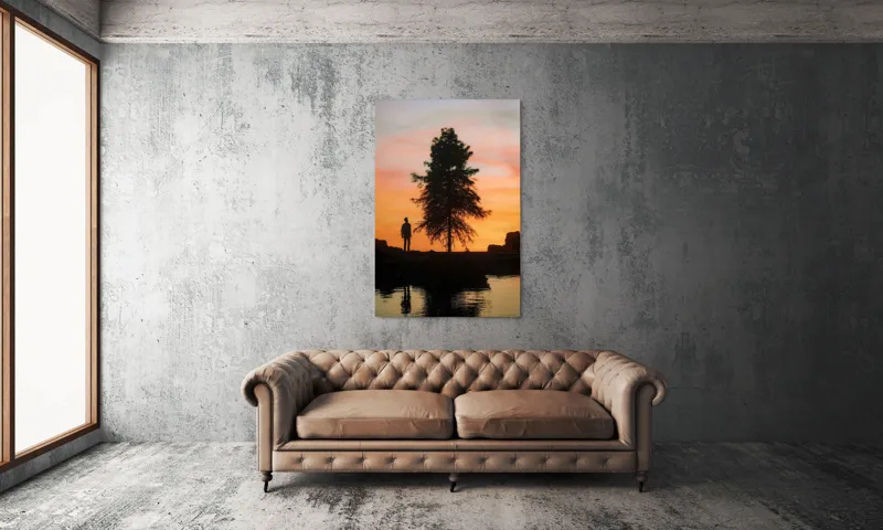 Tablou Canvas, "Singurătate sub cerul înserării", Silhouette, Tree, Sunset, Reflection, Sky, Solitude, Tranquility, 100 x 150 cm – poza 6