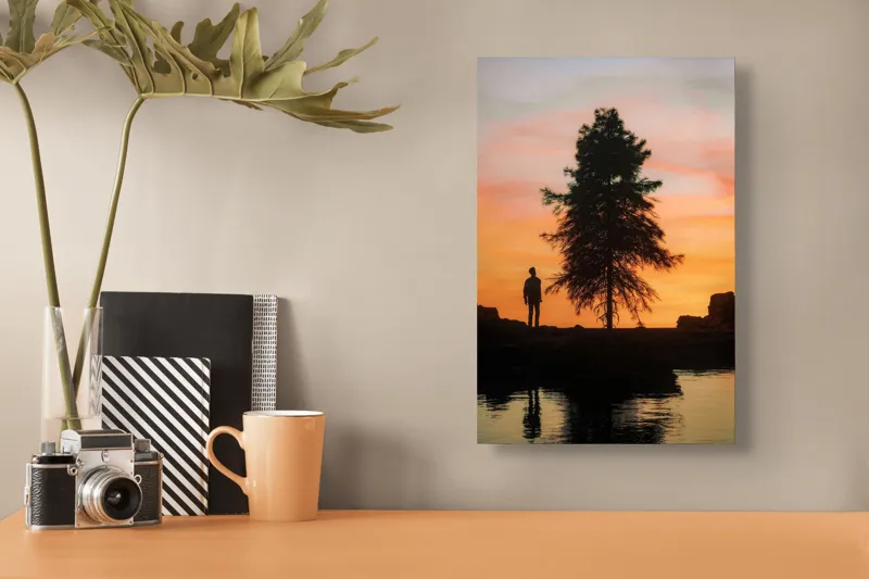 Tablou Canvas, "Singurătate sub cerul înserării", Silhouette, Tree, Sunset, Reflection, Sky, Solitude, Tranquility, 26 x 39 cm – poza 3