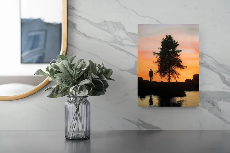 Tablou Canvas, "Singurătate sub cerul înserării", Silhouette, Tree, Sunset, Reflection, Sky, Solitude, Tranquility, 26 x 39 cm – poza 4