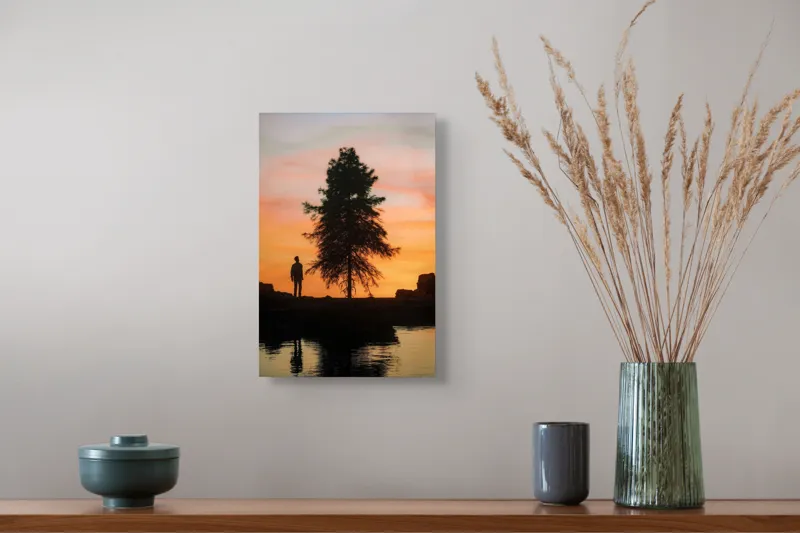 Tablou Canvas, "Singurătate sub cerul înserării", Silhouette, Tree, Sunset, Reflection, Sky, Solitude, Tranquility, 26 x 39 cm – poza 5