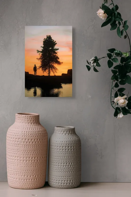 Tablou Canvas, "Singurătate sub cerul înserării", Silhouette, Tree, Sunset, Reflection, Sky, Solitude, Tranquility, 26 x 39 cm – poza 6