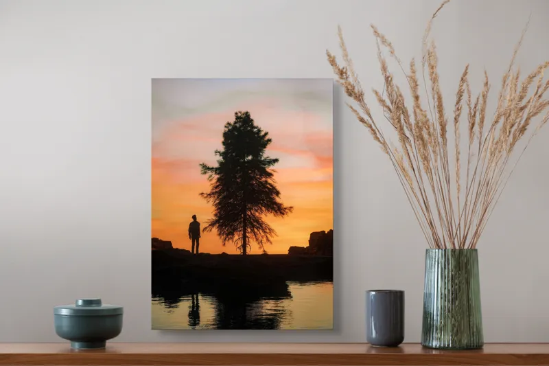 Tablou Canvas, "Singurătate sub cerul înserării", Silhouette, Tree, Sunset, Reflection, Sky, Solitude, Tranquility, 39 x 54 cm – poza 3