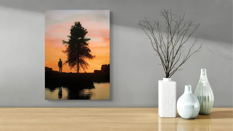 Tablou Canvas, "Singurătate sub cerul înserării", Silhouette, Tree, Sunset, Reflection, Sky, Solitude, Tranquility, 39 x 54 cm – poza 4