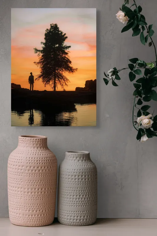 Tablou Canvas, "Singurătate sub cerul înserării", Silhouette, Tree, Sunset, Reflection, Sky, Solitude, Tranquility, 39 x 54 cm – poza 6