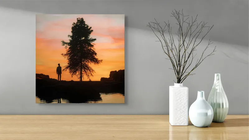 Tablou Canvas, "Singurătate sub cerul înserării", Silhouette, Tree, Sunset, Reflection, Sky, Solitude, Tranquility, 50 x 50 cm – poza 3