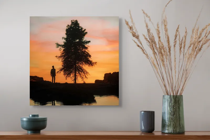 Tablou Canvas, "Singurătate sub cerul înserării", Silhouette, Tree, Sunset, Reflection, Sky, Solitude, Tranquility, 50 x 50 cm – poza 4