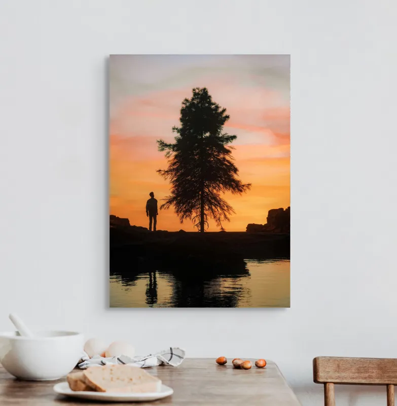 Tablou Canvas, "Singurătate sub cerul înserării", Silhouette, Tree, Sunset, Reflection, Sky, Solitude, Tranquility, 50 x 70 cm – poza 3