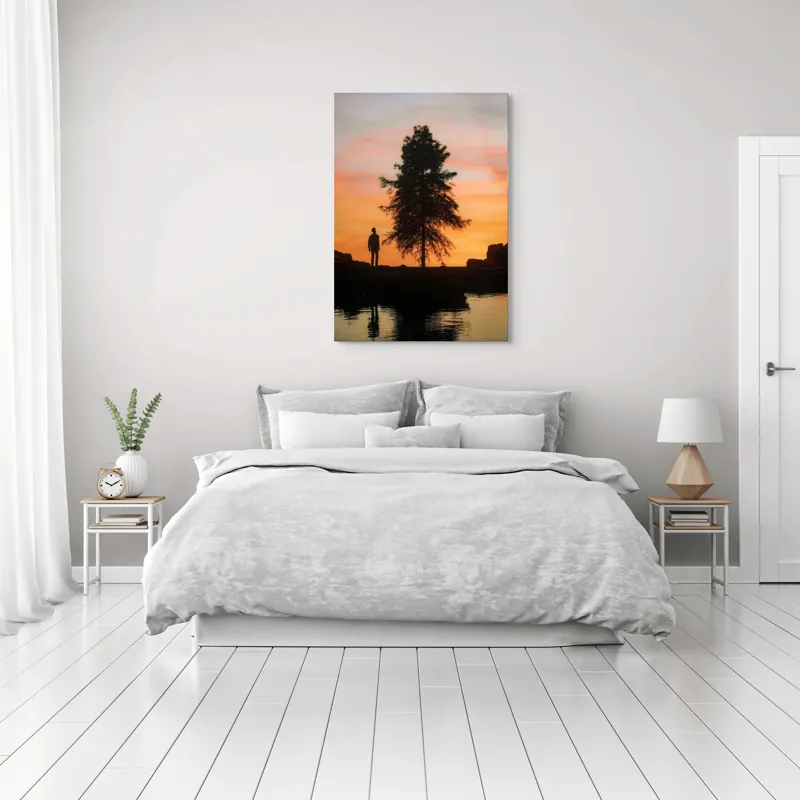 Tablou Canvas, "Singurătate sub cerul înserării", Silhouette, Tree, Sunset, Reflection, Sky, Solitude, Tranquility, 70 x 100 cm – poza 3
