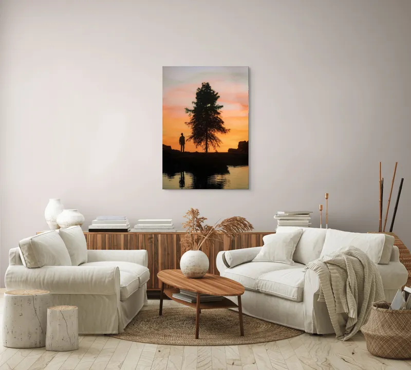 Tablou Canvas, "Singurătate sub cerul înserării", Silhouette, Tree, Sunset, Reflection, Sky, Solitude, Tranquility, 70 x 100 cm – poza 4