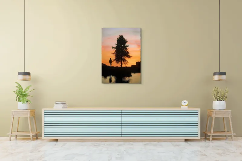Tablou Canvas, "Singurătate sub cerul înserării", Silhouette, Tree, Sunset, Reflection, Sky, Solitude, Tranquility, 70 x 100 cm – poza 5