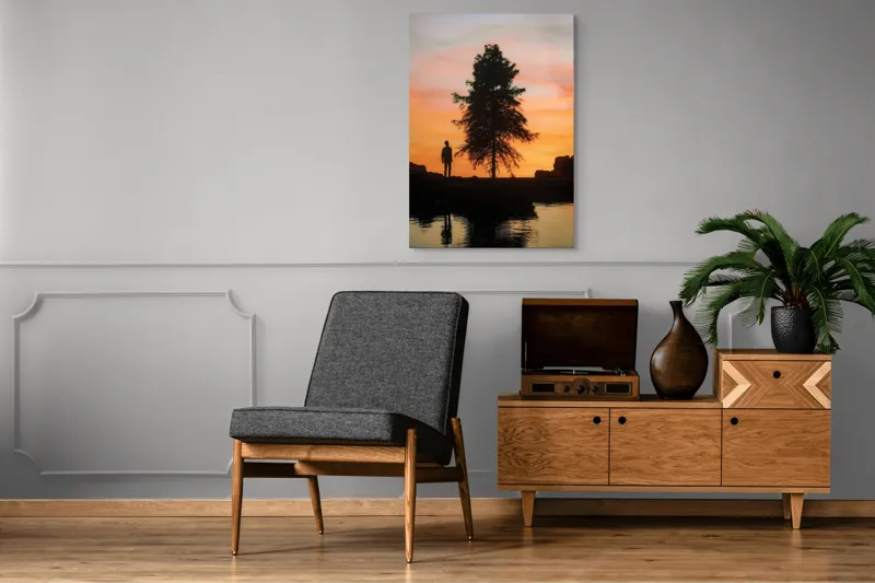 Tablou Canvas, "Singurătate sub cerul înserării", Silhouette, Tree, Sunset, Reflection, Sky, Solitude, Tranquility, 70 x 100 cm – poza 6