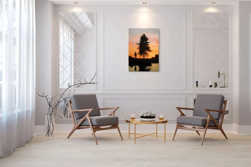 Tablou Canvas, "Singurătate sub cerul înserării", Silhouette, Tree, Sunset, Reflection, Sky, Solitude, Tranquility, 70 x 100 cm – poza 8