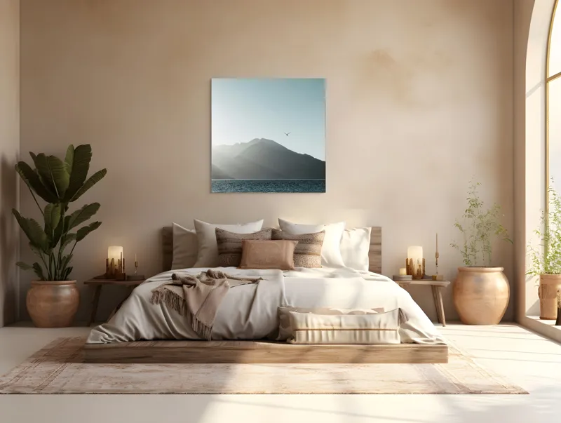 Tablou Canvas, "Pasărea singuratică deasupra munților liniștiți", Munte, Cer, Pasăre, Lac, Lumină, 100 x 100 cm – poza 4