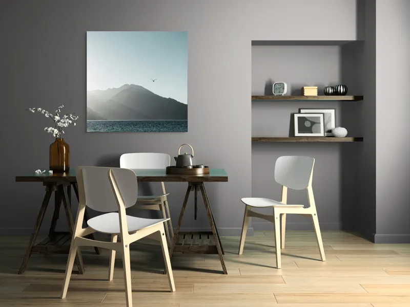 Tablou Canvas, "Pasărea singuratică deasupra munților liniștiți", Munte, Cer, Pasăre, Lac, Lumină, 100 x 100 cm – poza 6