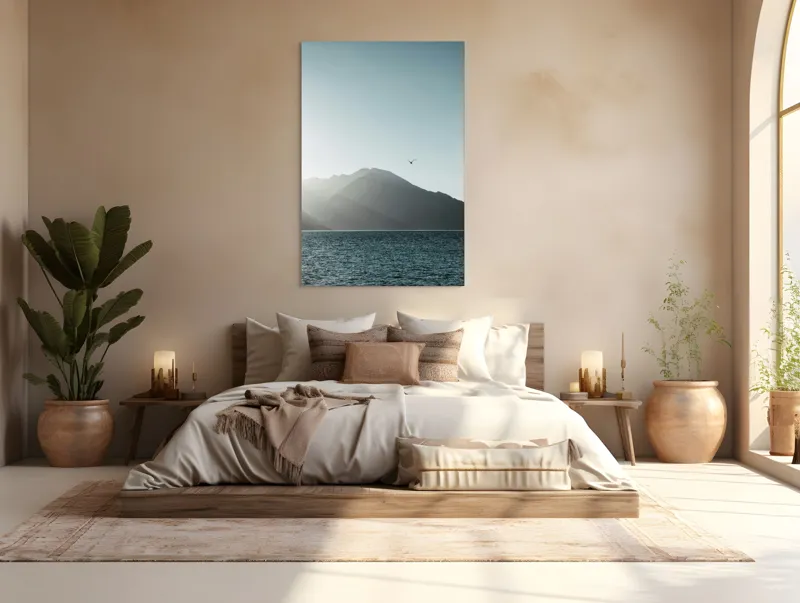Tablou Canvas, "Pasărea singuratică deasupra munților liniștiți", Munte, Cer, Pasăre, Lac, Lumină, 100 x 150 cm – poza 3