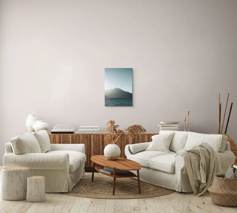 Tablou Canvas, "Pasărea singuratică deasupra munților liniștiți", Munte, Cer, Pasăre, Lac, Lumină, 39 x 54 cm – poza 5
