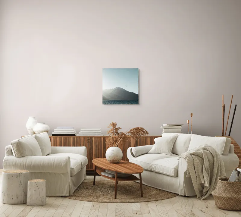 Tablou Canvas, "Pasărea singuratică deasupra munților liniștiți", Munte, Cer, Pasăre, Lac, Lumină, 50 x 50 cm – poza 7