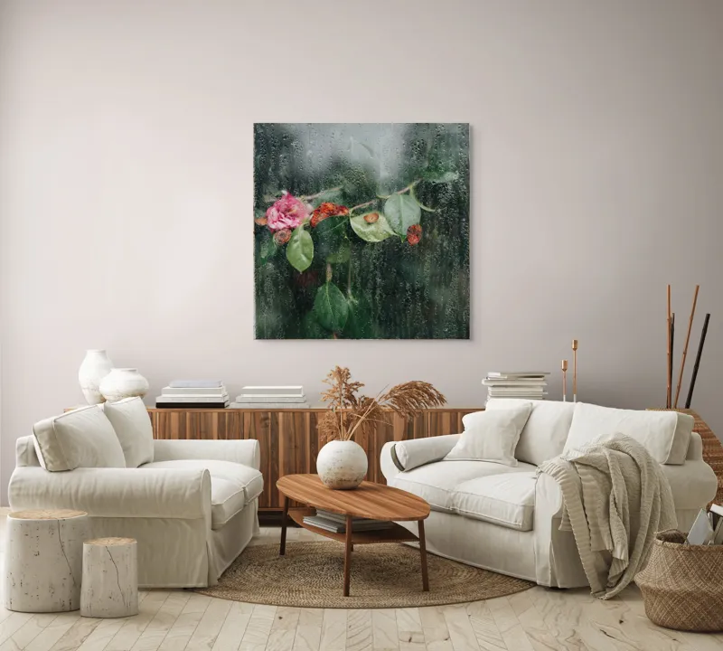 Tablou Canvas, "Flori ofilite după ploaie rece", Plante, Flori, Geam, Picături, Verdeață, Roua, Rece, Natură, Umiditate, Textură, 100 x 100 cm – poza 3