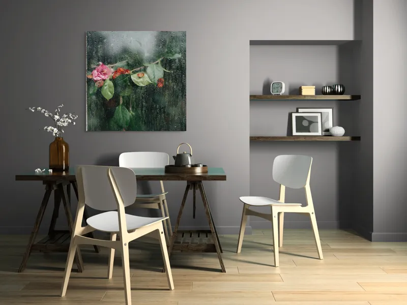 Tablou Canvas, "Flori ofilite după ploaie rece", Plante, Flori, Geam, Picături, Verdeață, Roua, Rece, Natură, Umiditate, Textură, 100 x 100 cm – poza 6