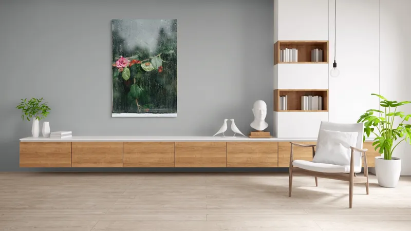 Tablou Canvas, "Flori ofilite după ploaie rece", Plante, Flori, Geam, Picături, Verdeață, Roua, Rece, Natură, Umiditate, Textură, 100 x 150 cm – poza 8