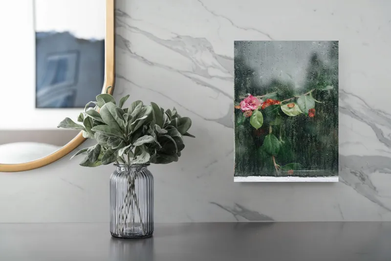 Tablou Canvas, "Flori ofilite după ploaie rece", Plante, Flori, Geam, Picături, Verdeață, Roua, Rece, Natură, Umiditate, Textură, 26 x 39 cm – poza 4