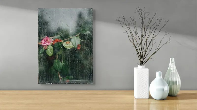 Tablou Canvas, "Flori ofilite după ploaie rece", Plante, Flori, Geam, Picături, Verdeață, Roua, Rece, Natură, Umiditate, Textură, 39 x 54 cm – poza 4