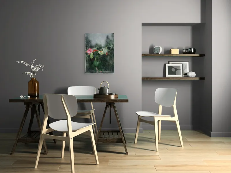 Tablou Canvas, "Flori ofilite după ploaie rece", Plante, Flori, Geam, Picături, Verdeață, Roua, Rece, Natură, Umiditate, Textură, 50 x 70 cm – poza 5