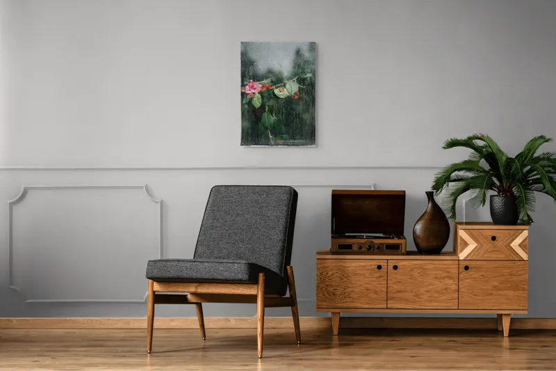Tablou Canvas, "Flori ofilite după ploaie rece", Plante, Flori, Geam, Picături, Verdeață, Roua, Rece, Natură, Umiditate, Textură, 50 x 70 cm – poza 8