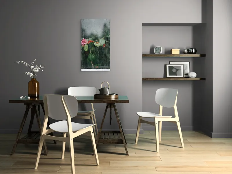 Tablou Canvas, "Flori ofilite după ploaie rece", Plante, Flori, Geam, Picături, Verdeață, Roua, Rece, Natură, Umiditate, Textură, 50 x 90 cm – poza 4